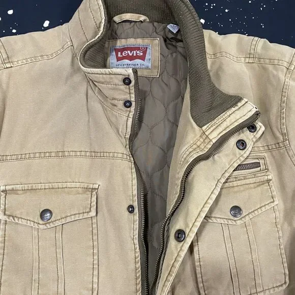 Levis Trucker Jacket Mens XL Khaki Full Zip Button Outdoor Utility Casual - Picture 3 of 9